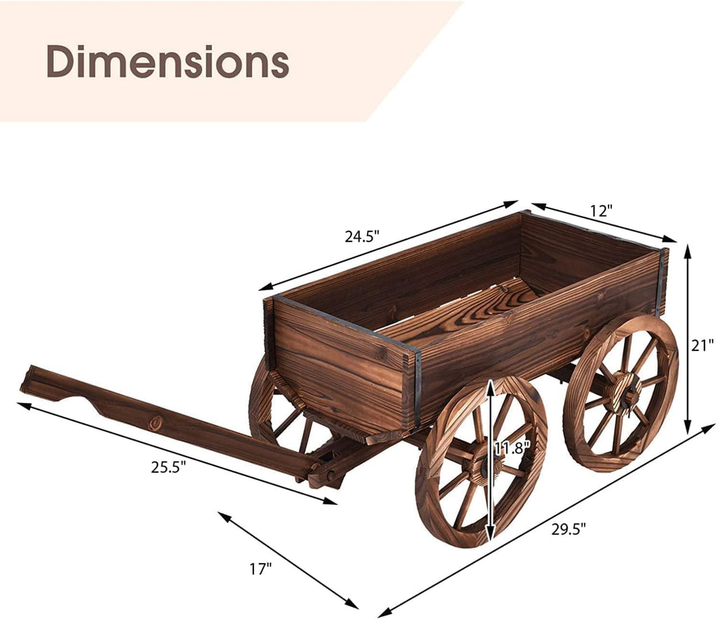 Tangkula Wooden Wagon Planter Box, Decorative Garden Planter w/Wheels, Handle, Drain Hole, Rustic Wooden Flower Cart for Indoor & Outdoor Decor for Patio, Garden, Balcony (29.5" L x 17" W x 21" H)