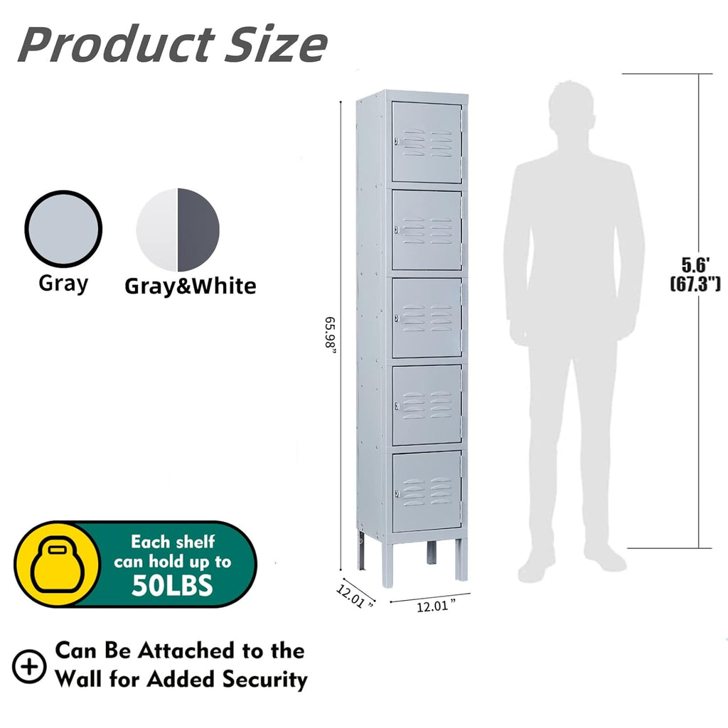 Yizosh Metal Locker with 5 Doors, Tall Steel Storage Lockers for Employees - 5 Tier Locker Storage Cabinets for School, Gym, Home, Office, Garage