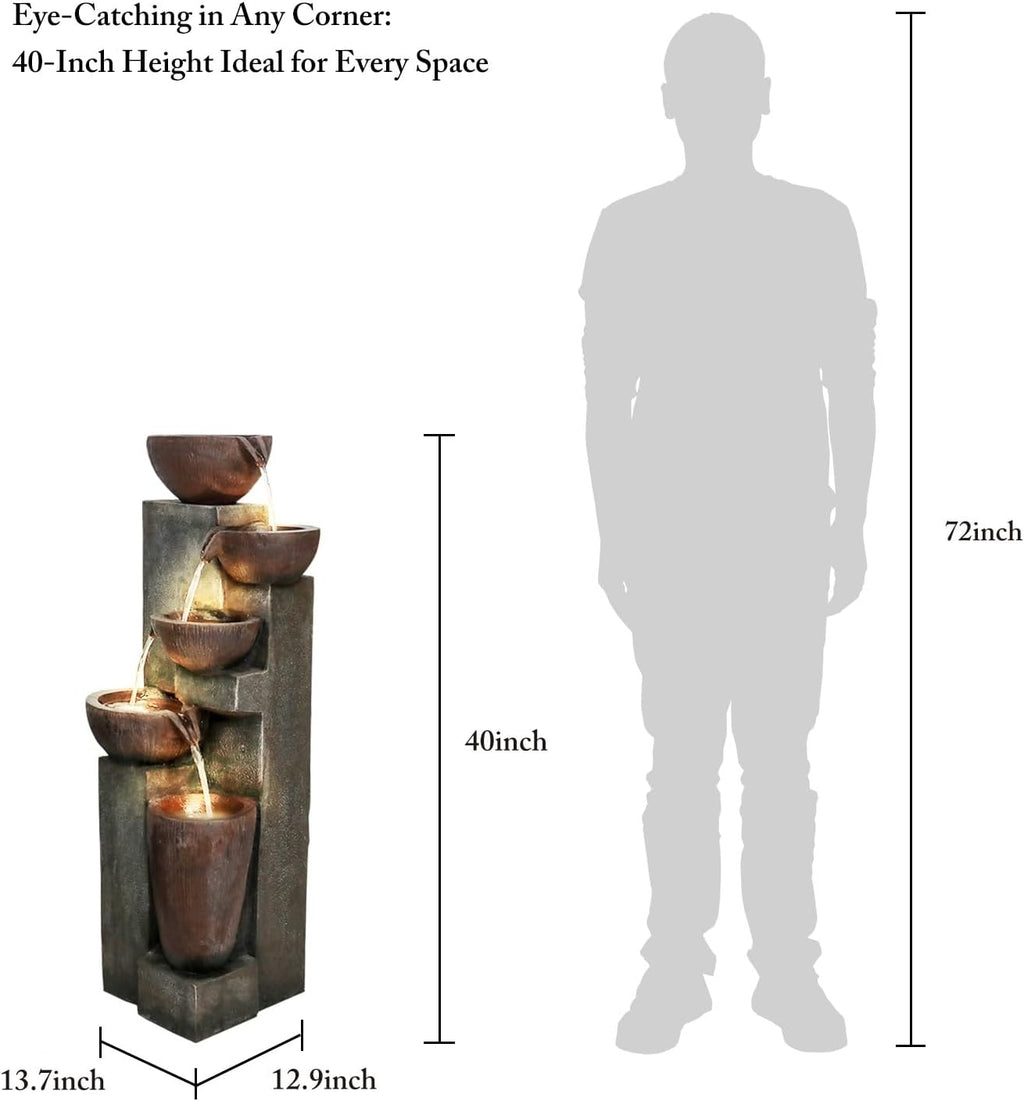 SunJet 5-Tier Cascading Indoor/Outdoor Water Fountain with LED Lights - 39.7" High Large Waterfall Floor Standing Fountain for Garden, Patio, Yard, and Deck Decor - Relaxing Outdoor Water Feature