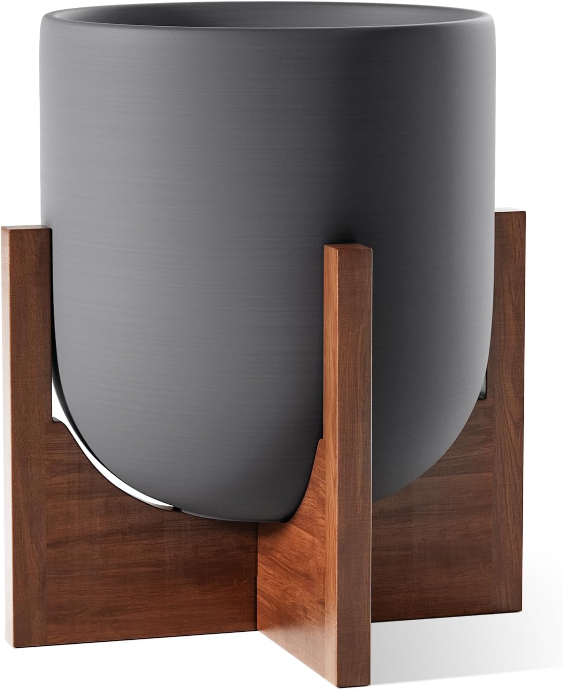 LE TAUCI 12 Inch Planter with Acacia Wood Stand, Ceramic Large Plant Pot for Indoor Plants, Cylinder Pots with Drainage Hole and Plug, Charcoal Gray