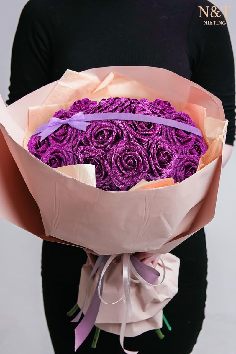 N&T NIETING Artificial Flowers Glowing Purple Flowers Foam 25pcs Glitter Roses Real Looking Fake Roses with Stem for DIY Wedding Bouquets Centerpieces Bridal Shower Party Home Decorations