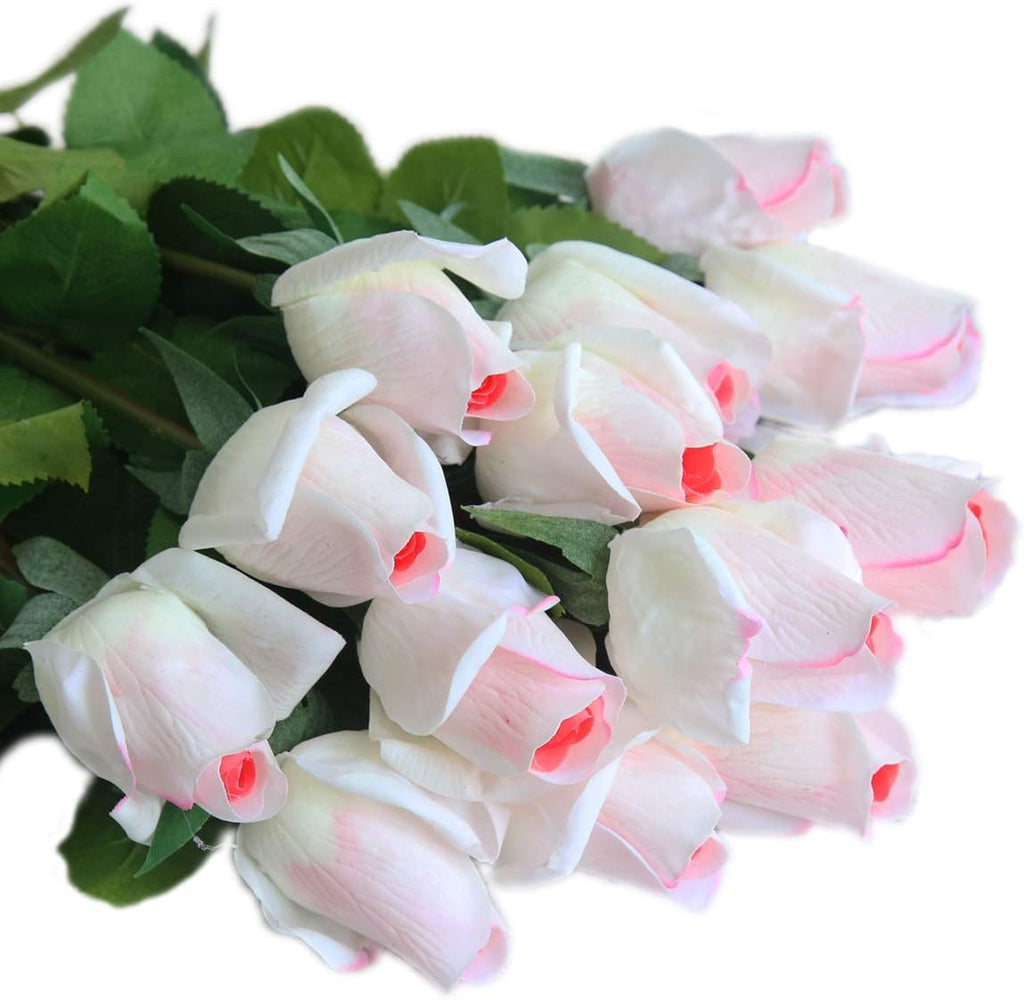12pcs Real Look Artificial Rose Buds, 22 Inch Real Touch Silk Rosebud, Realistic Design Artificial Flower with Real Feel Petals,Silk Flower Bud for Wedding Home Décor,White with Pink Heart