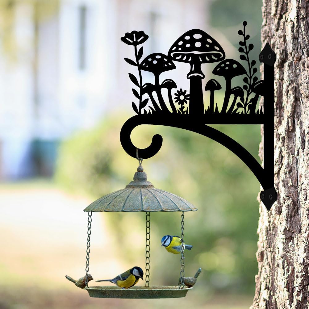 peacoblue Iron Plant Hangers Hook for Outdoor Indoor Hanging Plant Flower Fern Pot Lantern Bird Feeder,12"x15" Weather Resistant Metal Wall Holder for Porch Garden Farmhouse(Mushroom and Wildflower)