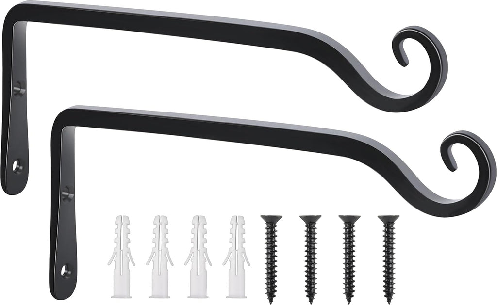 FEED GARDEN Wall Hook Hanging Plant Bracket 10 Inch 2 Pack, Hand-Forged Plant Hanger for Hanging Bird Feeders, Wind Chimes, Flower Baskets, Yoga Mat, Indoor/Outdoor Use, Black