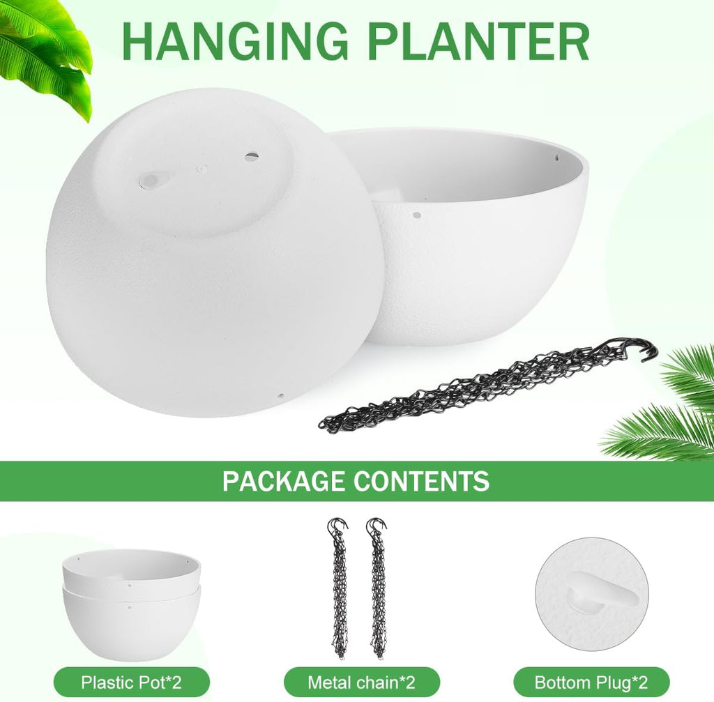 13 inch Hanging Planters for Indoor Plants, 2 Pack Planters for Outdoor Plants with Drainage Holes and Chain, Round Plastic Hanging Baskets, Hanging Flower Pots for Balcony Garden Decor-White