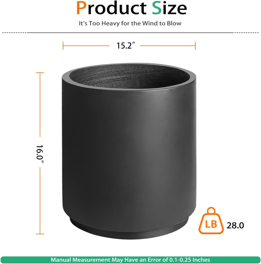 Round Concrete Planter Outdoor Indoor, Large Cement Plant Pots for Flowers (Black, 16 inch)