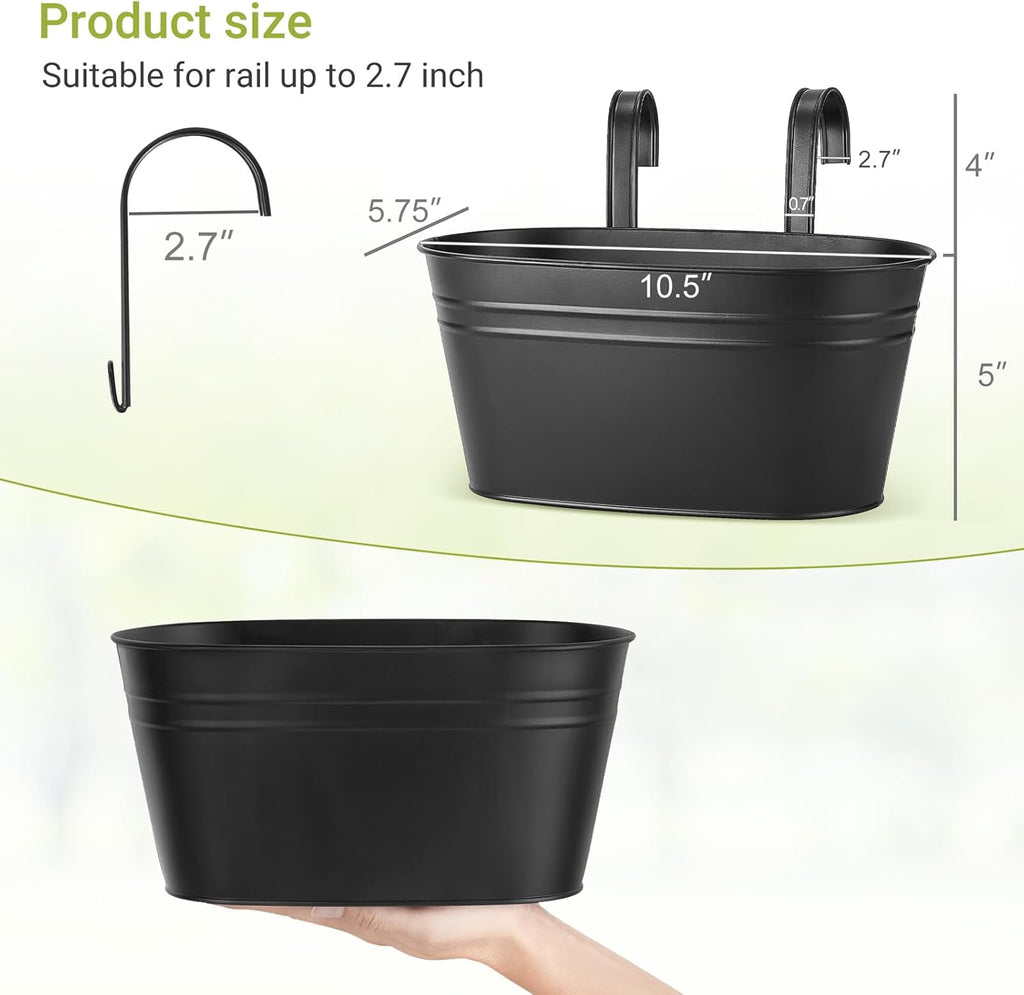 Dahey Metal Iron Hanging Flower Pots for Railing Fence Hanging Bucket Pots Countryside Style Window Flower Plant Holder with Detachable Hooks Home Decor,Black,3 Pcs