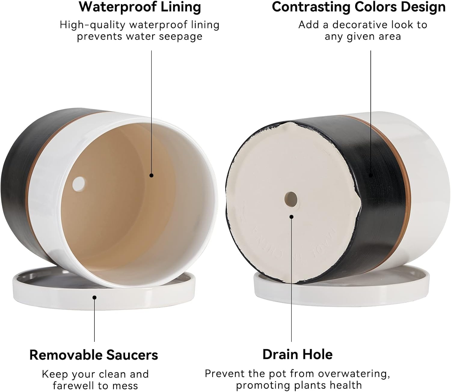 Ekirlin 4 inch Plant Pot - Ceramic Flower Planters Indoor - Modern Succulents Containers with Drain Hole Saucer, Decorate Home, Office & Outdoor (Black)