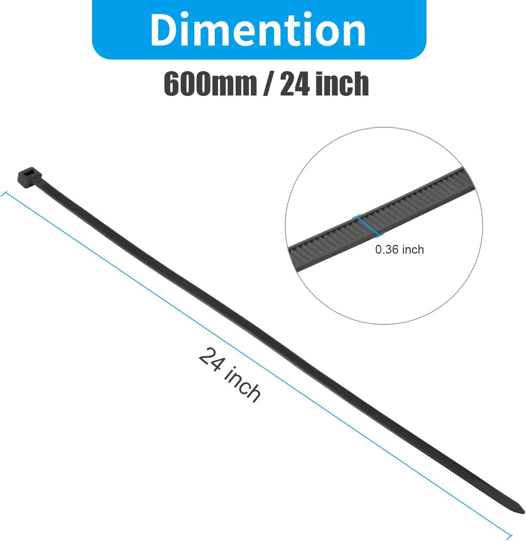 XINGO 24 inch Black Long Zip Ties Heavy Duty 100 PCS, 200LBS Ultra Strong Plastic Wire Ties, Large Cable Ties Extra Long Tie Wraps, Indoor and Outdoor UV Resistant