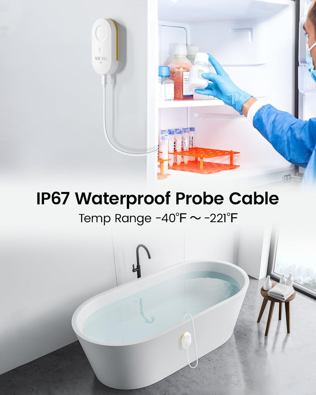 WiFi Remote Thermometer Freezer Alarm, 1/3 Mile Long Range, with IP67 Waterproof Probe, App Email Alert, with Digital Monitor Hub, 2 Smart Temperature Sensors for Hot Tub, Pool, RV, Pet Cage