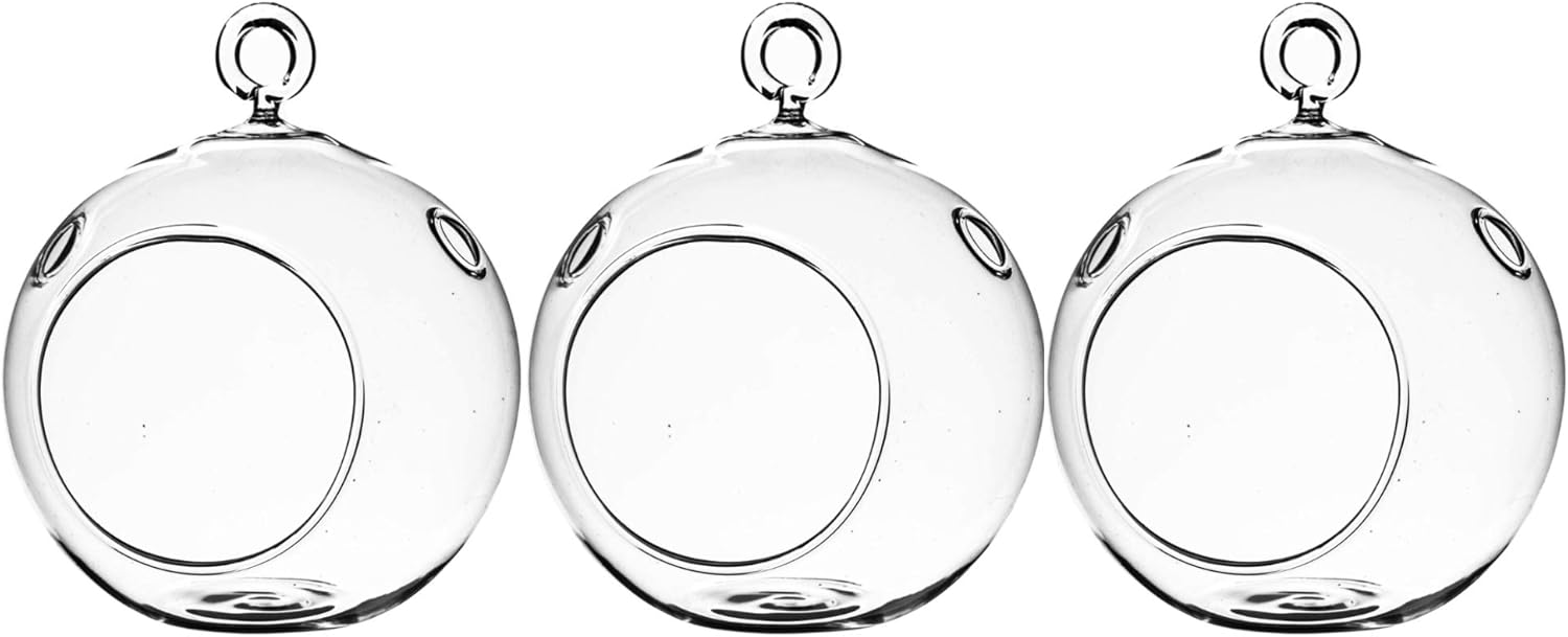 WGV Hanging Terrarium Globe, Width 3", Height 4", DIY Air Succulent Planter, Clear Glass Vase Orb with Flat Bottom, Candle Holder for Windowsill Outdoor Garden Decor, 3 Pieces Bulk