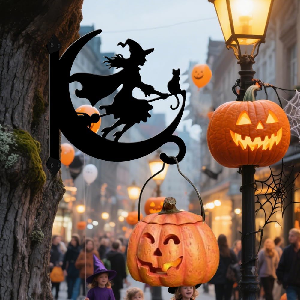 peacoblue Iron Plant Hangers Hooks for Outdoor Indoor Hanging Plants Flower Fern Pots Lantern Bird Feeder,11.6"x13.6" Weather Resistant Metal Wall Holder for Porch Garden Farmhouse(Witch and Cat)