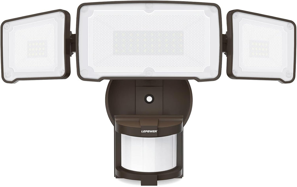 LEPOWER LED Security Light Motion Sensor Light Outdoor, 38W 4200LM Motion Security Light, 5500K, IP65 Waterproof, 3 Head Motion Detected Flood Light for Garage, Yard, Porch (Not Solar Powered, Brown)