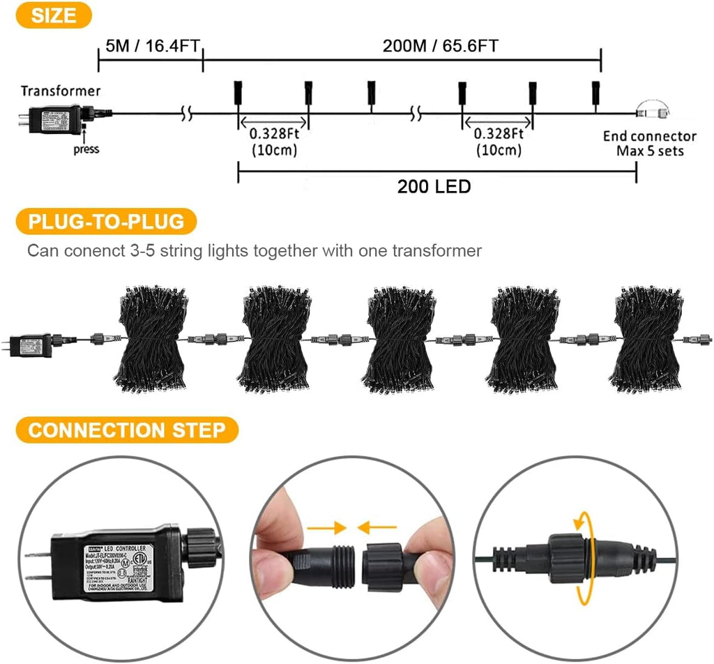 weillsnow Purple&Orange Halloween Lights, 200 LED 66Ft Plug in Waterproof Halloween String Lights, 8 Modes with Memory for Outdoor Indoor Garden Halloween Christmas Decorations (Orange&Purple, 66FT)
