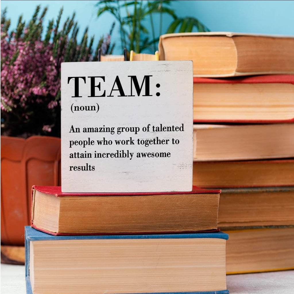 HTBIG Inspirational Team Noun Office Decor Desk Decor Wooden Box Sign Rustic White Wood Block Plaque Box Sign for Home Office Desk Shelf Table Decoration Coworker Gift Team Definition Teamwork Sign