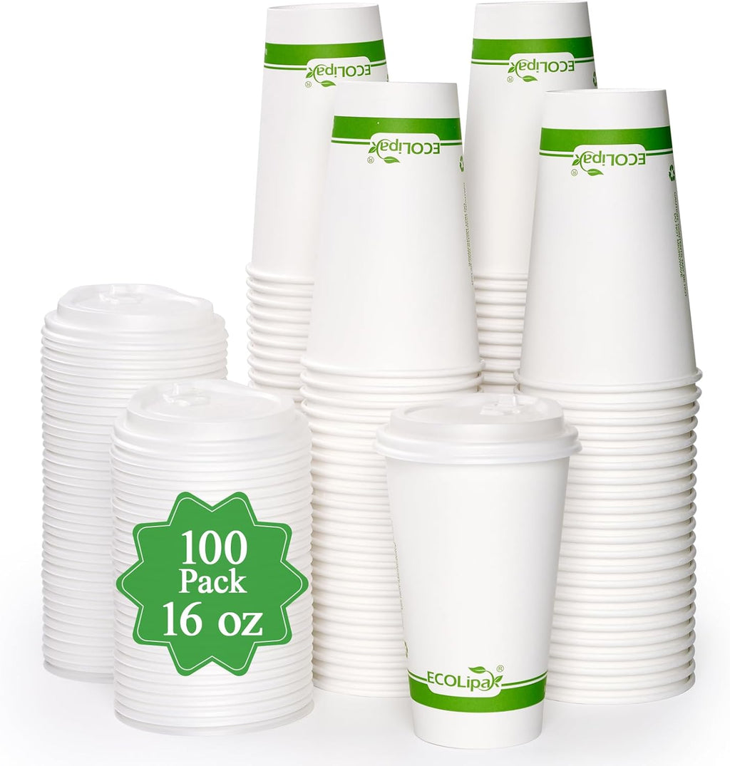 ECOLipak 100 Count 16 oz Compostable Paper Coffee Cups, Biodegradable Disposable Coffee Cups with CPLA Lid, Eco-friendly Hot Drinking Cups for Parties, Picnics, Travels,and Events
