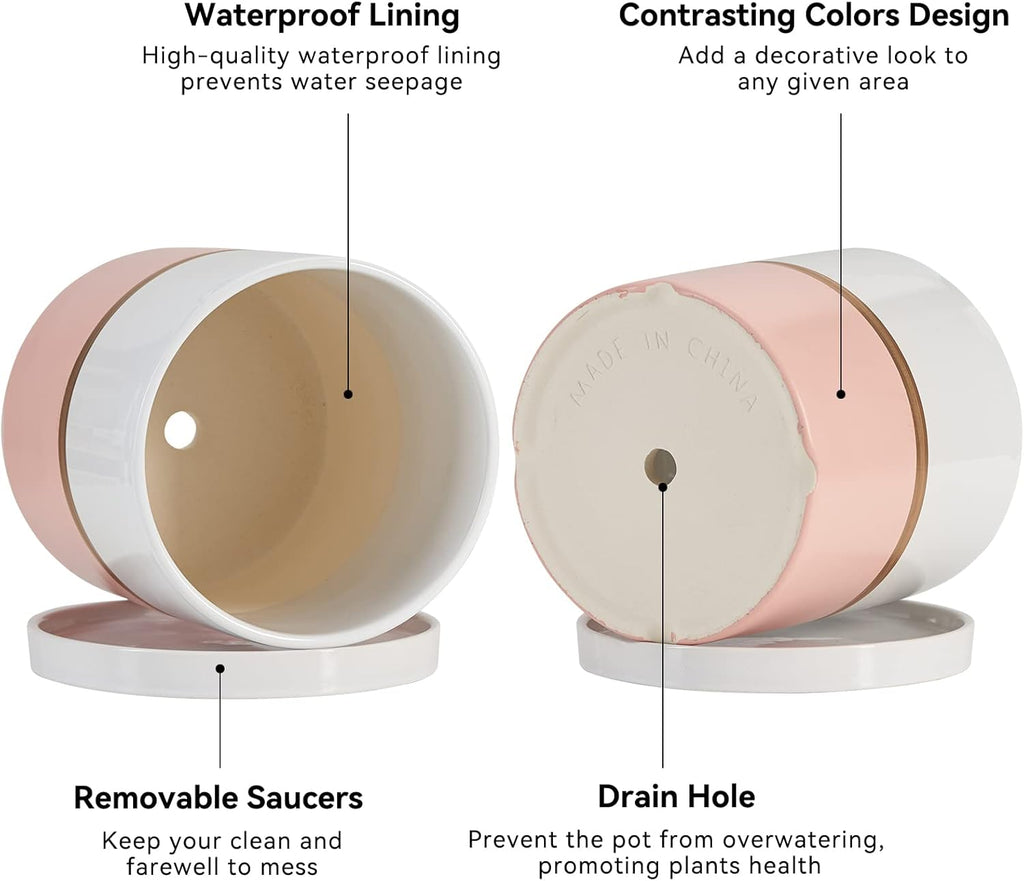 Ekirlin 4 inch Plant Pot - Ceramic Flower Planters Indoor - Modern Succulents Containers with Drain Hole Saucer, Decorate Home, Office & Outdoor (Pink)