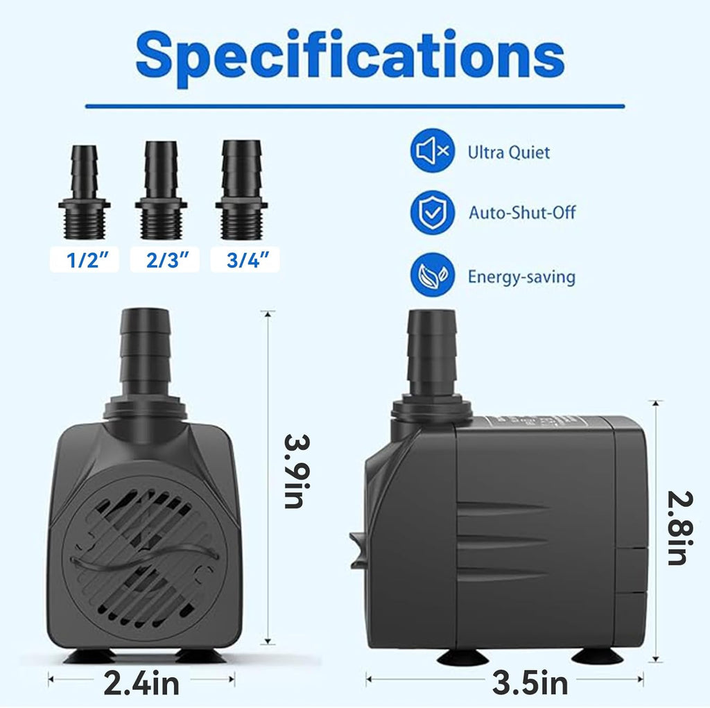 Submersible Pump 400GPH with AUTO-Shut-Off 6.5ft High Lift for Fountains, Hydroponics, Ponds, Aquariums & More