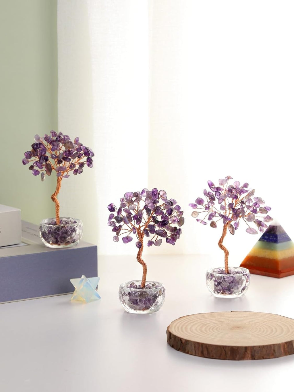 Jovivi Small Amethyst Crystals Tree, Natural Crystal Healing Stones Tree Glass Bowl Base Gemstone Money Trees Feng Shui Good Luck Home Desk Decor