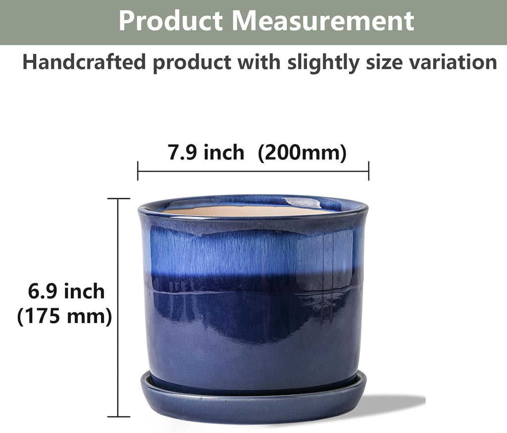 8 Inch Plant Pot: Ceramic Planter with Drainage Hole & Saucer for Indoor Outdoor Plants - Flowerpot with Bonded Tray for Home Office - Blue Reactive Glaze