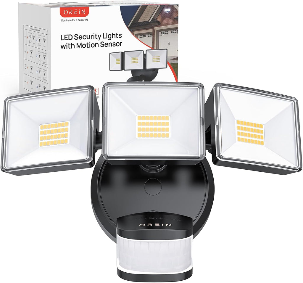 OREiN 10000LM Flood Lights Outdoor, 180°/75FT Motion Sensor Outdoor Lights 4 Modes Dimmable Dusk to Dawn Floodlights IP65 Waterproof for 8000SQ.FT Area for Big Patio, Driveway, Black (Hardwired)