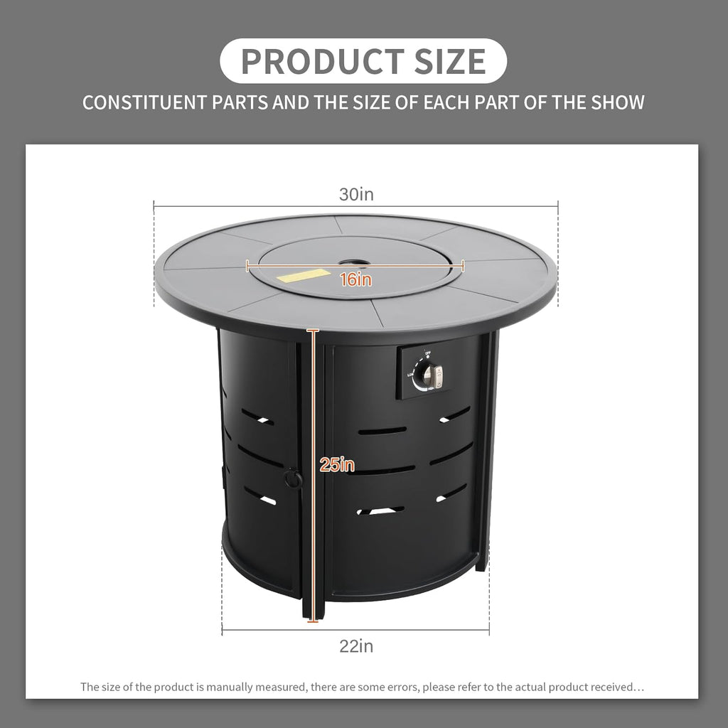30 Inch Fire Tables Round Tabletop 50000 BTU Outdoor Fire Pits for Outside Steel Gas Fire Table with Fire Pit Lid Waterproof Cover, Black