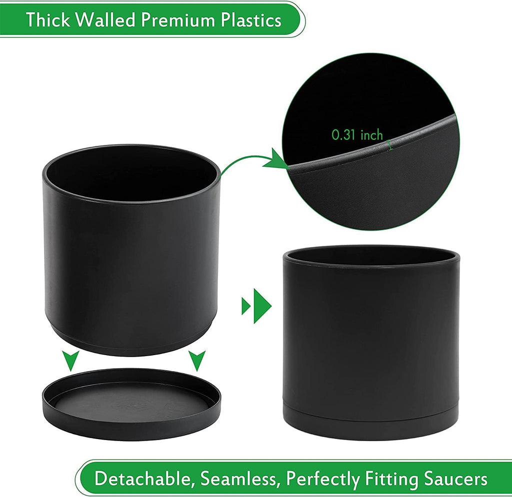 D'vine Dev 10 Inch Plastic Planter Pots for Plant Pot with Drainage Hole and Seamless Saucers, Black Color, 74-X-B-2