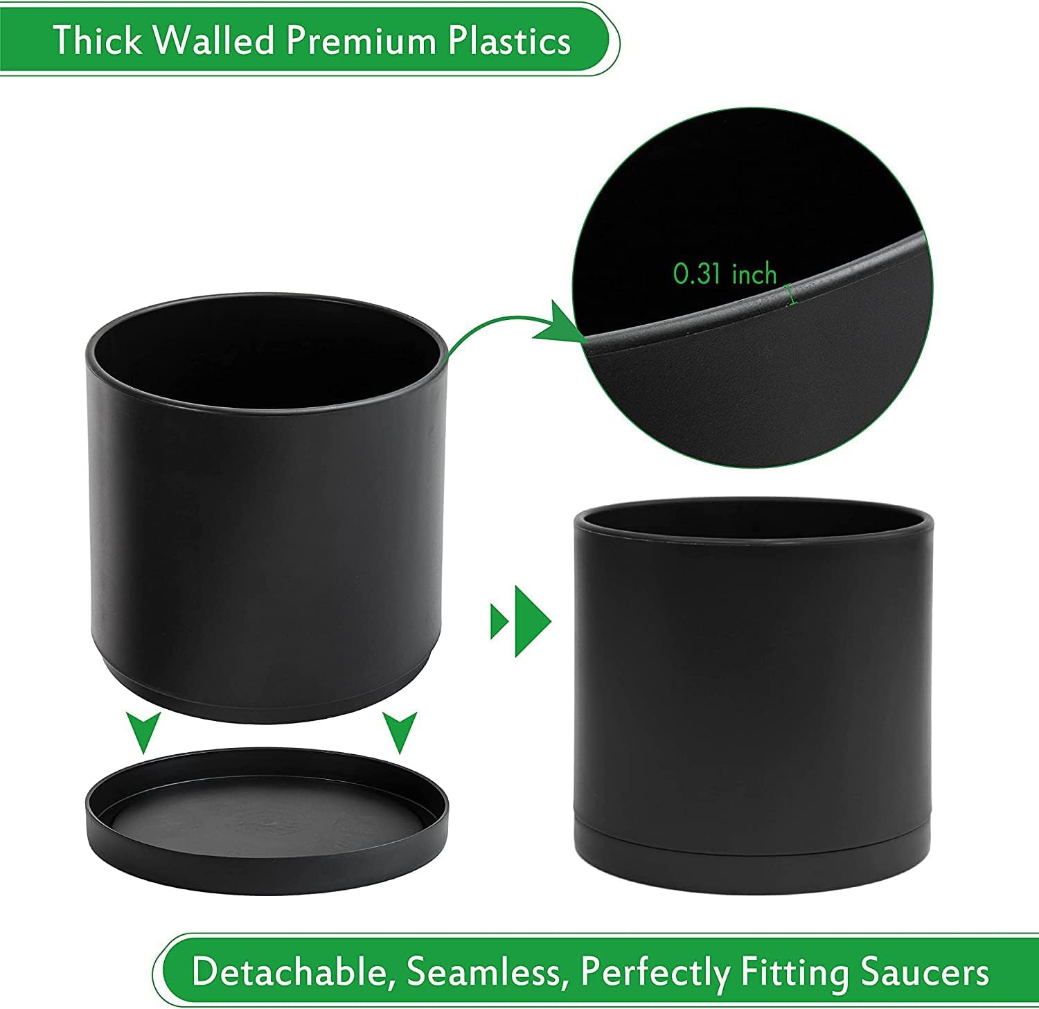 D'vine Dev 10 Inch Plastic Planter Pots for Plant Pot with Drainage Hole and Seamless Saucers, Black Color, 74-X-B-2