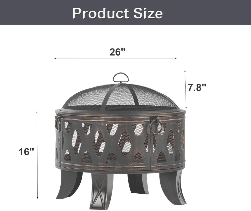 Breezz 26 Inch Wood Burning Fire Pit with Cooking Grill and Spark Screen, Outdoor Metal Round Firepit for Patio, Backyard, Bonfire Party, Camping and Garden