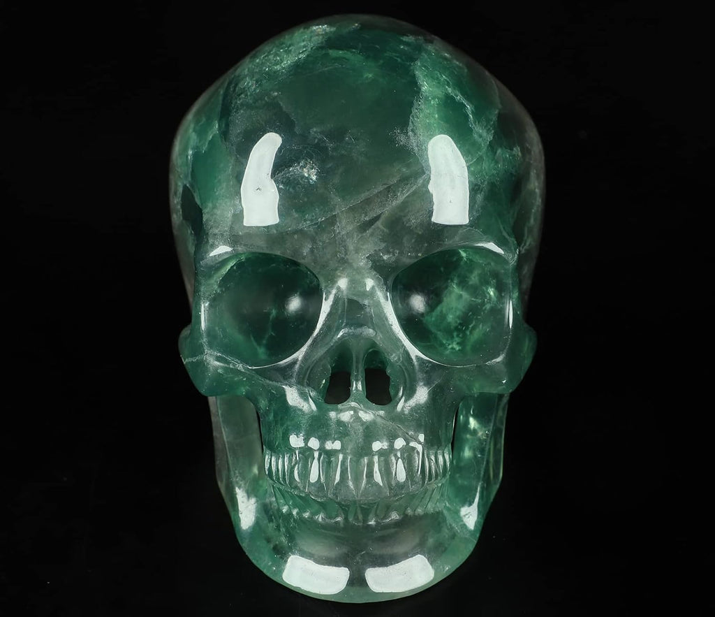 Skullis 5.0" Fluorite Super Realistic Crystal Skull, Hand Carved Gemstone Fine Art Sculpture, Reiki Healing Stone Statue.2212 Z8