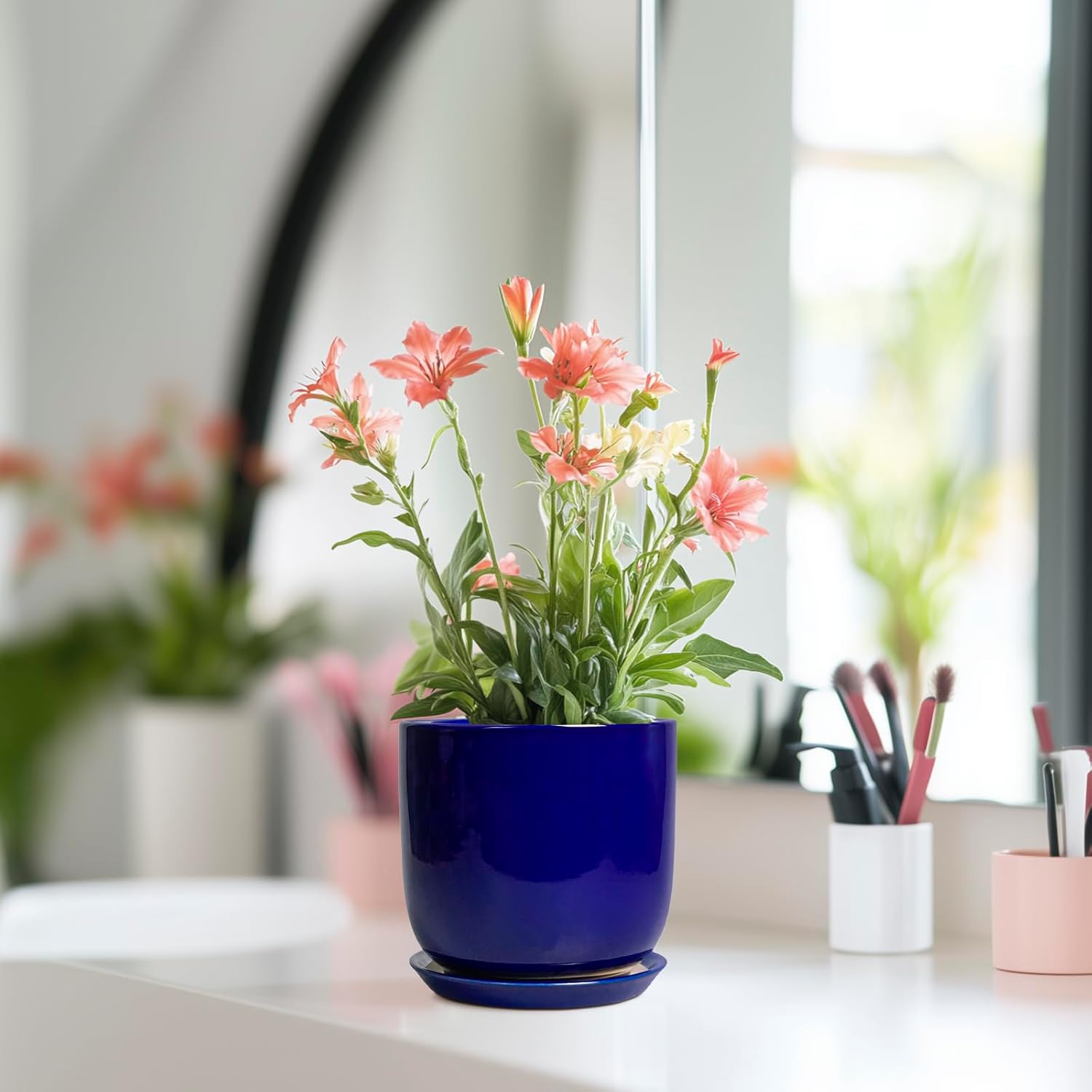 Succulent Pot 5 Inch - Modern Ceramic Planter for Indoor Plants with Drainage Hole and Saucer, Office Home Room Patio Decor, Blue