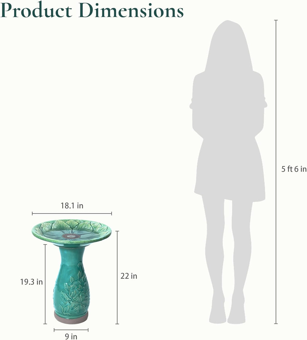 LuxenHome 23 Inch Ceramic Bird Bath for Outside, Elegant Tall Outdoor Bird Bath, Lightweight Pedestal Glazed Birdbaths for Outdoors with Floral Embossed Design, Jade Green