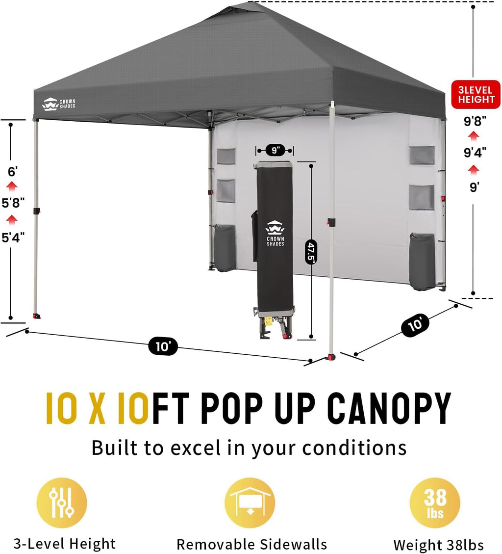 CROWN SHADES Canopy Tent 10x10 Pop Up Canopy Outdoor Shade with Pockets Sidewall, Easy Up Sun Shelter with One Person Set Up Center Lock, Portable Instant Camping Beach Canopies Tents, Grid Grey