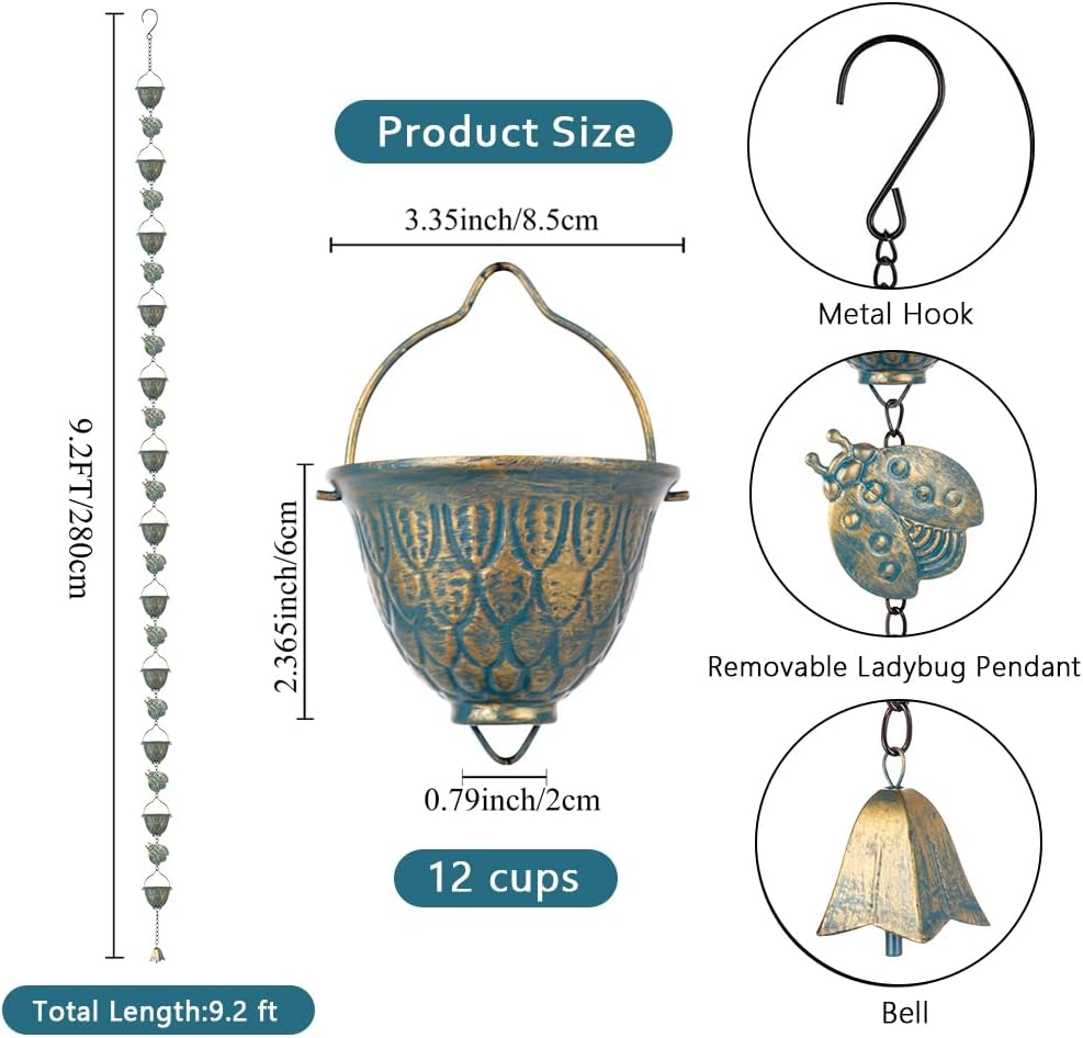 9.2 FT Rain Chain, Metal Rain Gutter Chains with 12 Cups & Detachable Ladybugs Decor, Adjustable Rain Catcher Chain with Bell for Outddor Decor, Replacement for Downspout