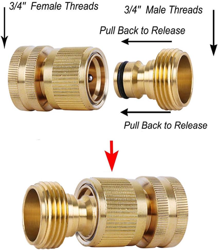 Garden Hose Quick Connectors, Solid Brass 3/4 inch GHT Thread Easy Connect Fittings No-Leak Water Hose Male Female Value Pack (5)