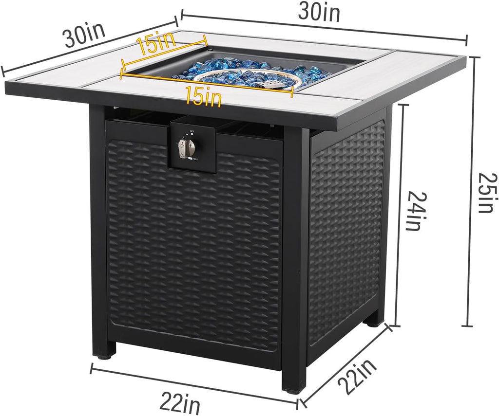 30 Inch Fire Tables 50000 BTU Outdoor Fire Pits for Outside Steel Gas Fire Table with Fire Pit Lid Wooden Marble Tabletop and Waterproof Cover