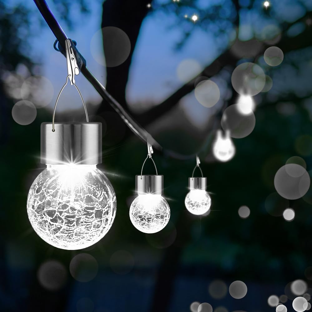 Solar Lights Outdoor Hanging Decorative Globe 8 Pack, Waterproof Solar Lantern with Handle and Clip, Solar Powered Glass Ball Lights for Garden Yard Fence Tree Umbrella Holiday Décor, Cold White