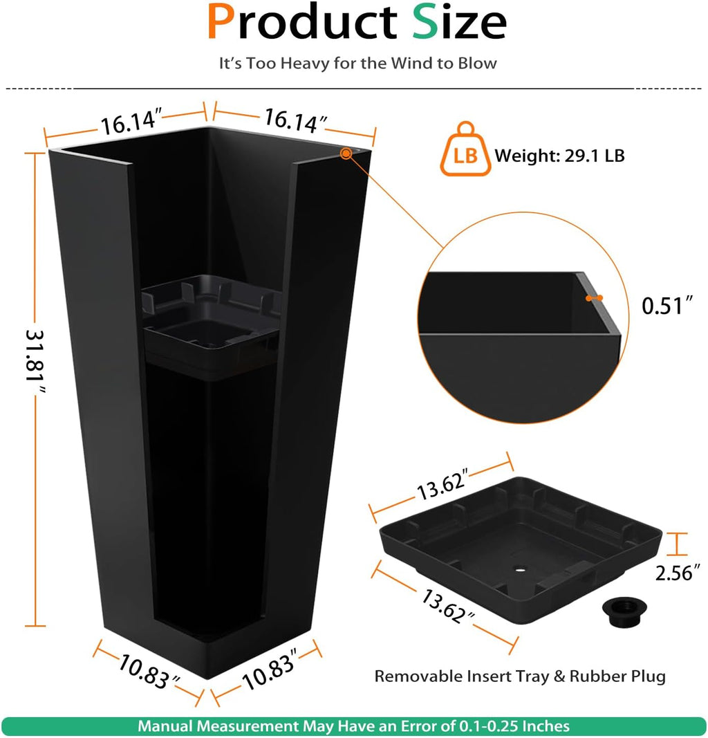 Tall Planters for Outdoor Plants, Large Resin Flower Pots for Garden, Front Porch, Patio, Indoor - Set of 2 (Black, 32 inch - 2 Pack)