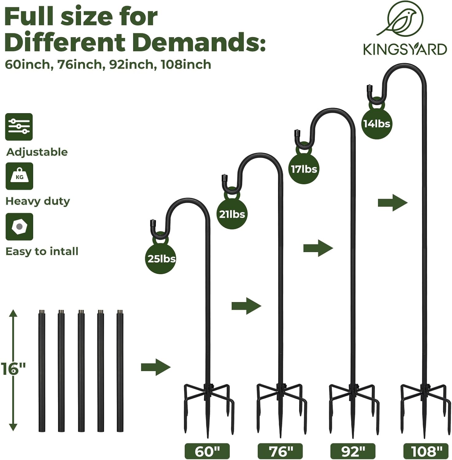Kingsyard Adjustable Shepherd Hooks for Outdoor - 44 INCH Heavy Duty Bird Feeder Pole with 5 Prong Base, Hummingbird Feeder Stand, Garden Plant Baskets, Weddings Decor, Solar Light Lanterns