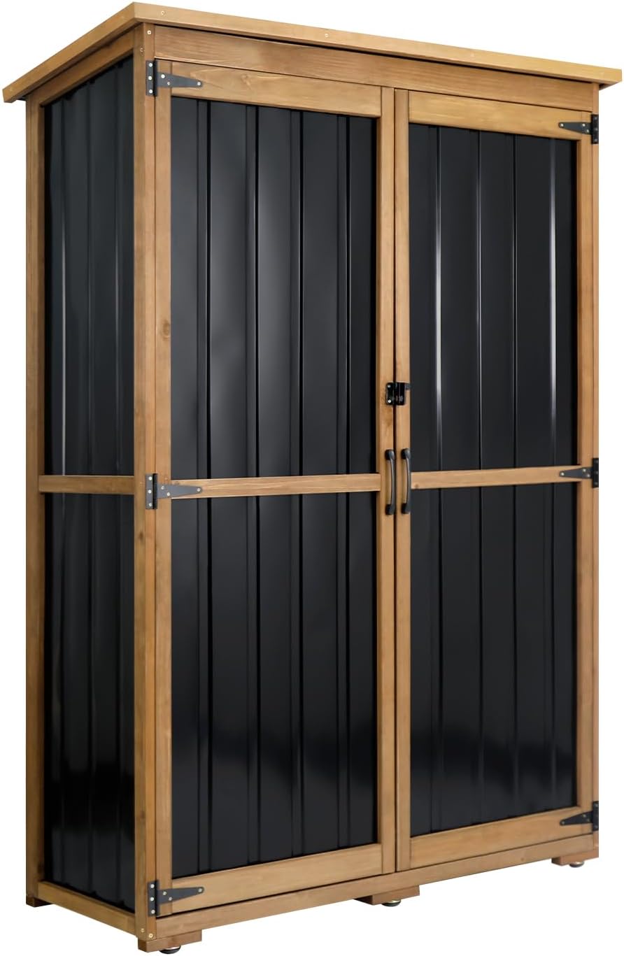 Outdoor Storage Cabinet, Wood & Metal Storage Shed with Weather-Resistant Roof, Double Lockable Doors, Removable Shelves & Adjustable Feet, for Patio, Backyard, Poolside, 46" x 18" x 68"