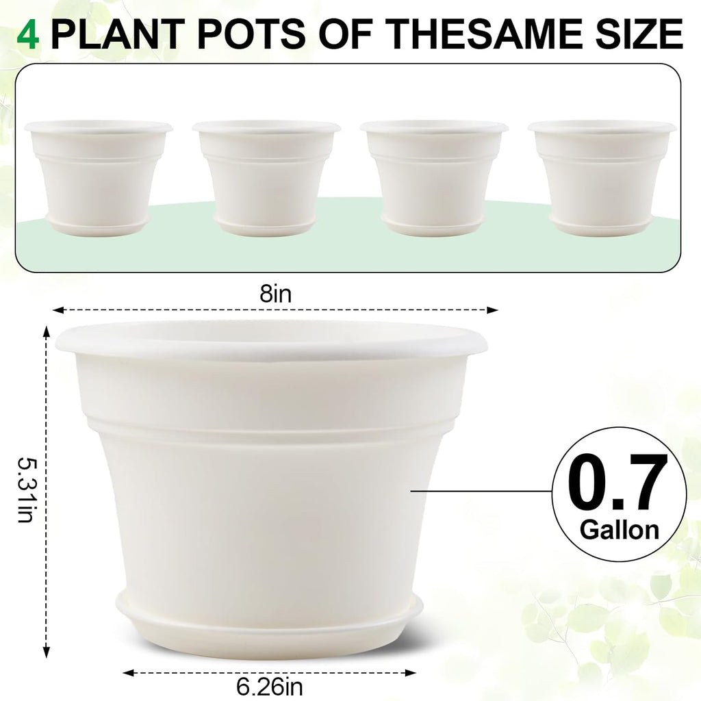 8 Inch Plastic-Flower Pot-for-Indoor Plants, 4 Pack Large Outdoor Planter Pot with Drainage Holes & Saucers, Resin Decorative Garden Pots Planters