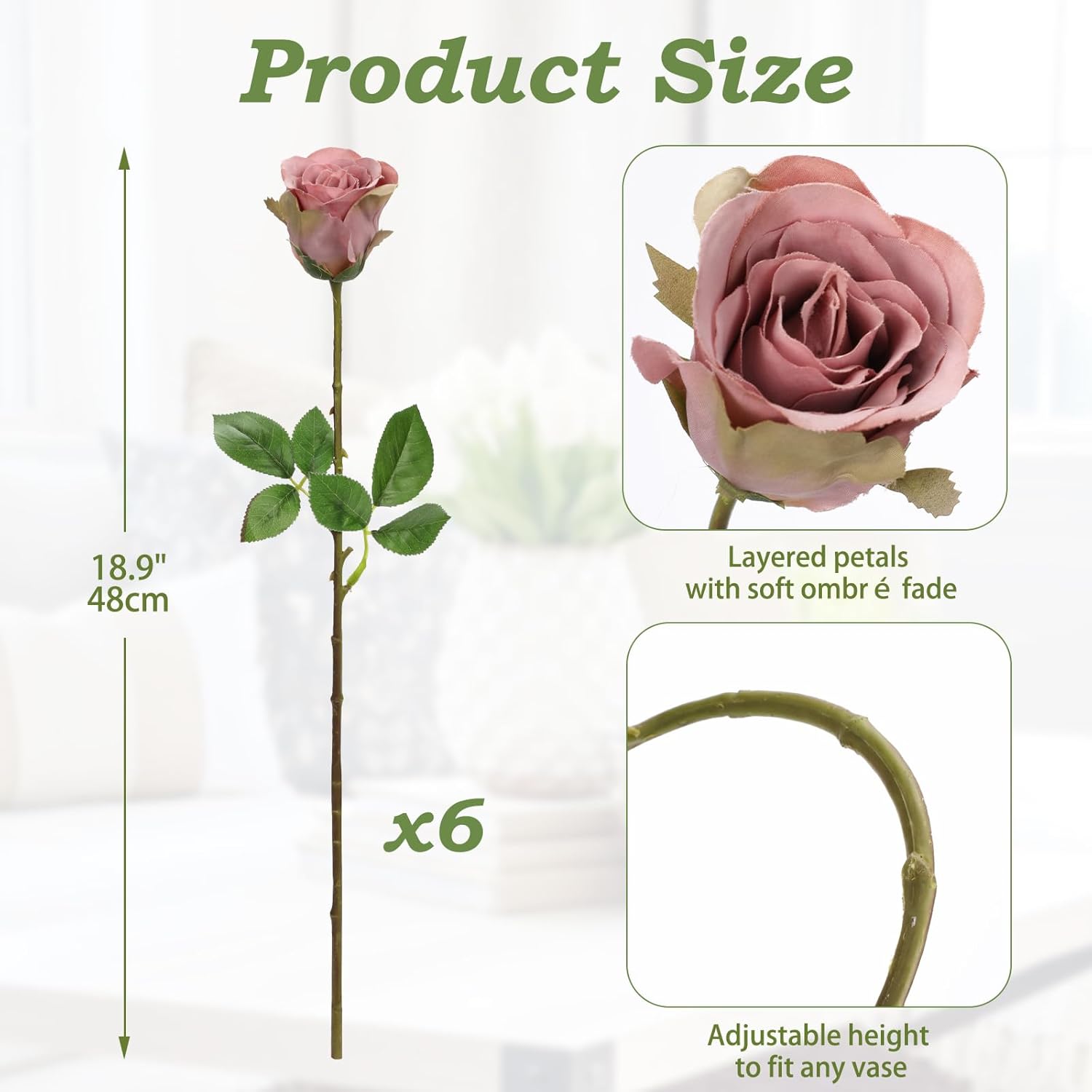 Briful Dusty Roses Pink Artificial Flowers– 6PCS 18.9" Faux Rose Silk Flowers with Long Stems Realistic Fake Rose Bouquet for DIY Wedding Arrangements Table Vase Centerpieces Home Event Decor