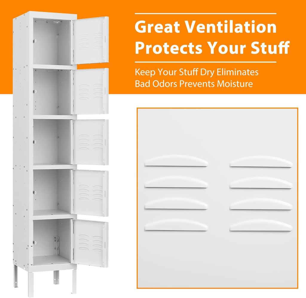 Metal Lockers for Employees, Steel Storage Locker with 5 Doors for Home, Office, School, Gym (White)