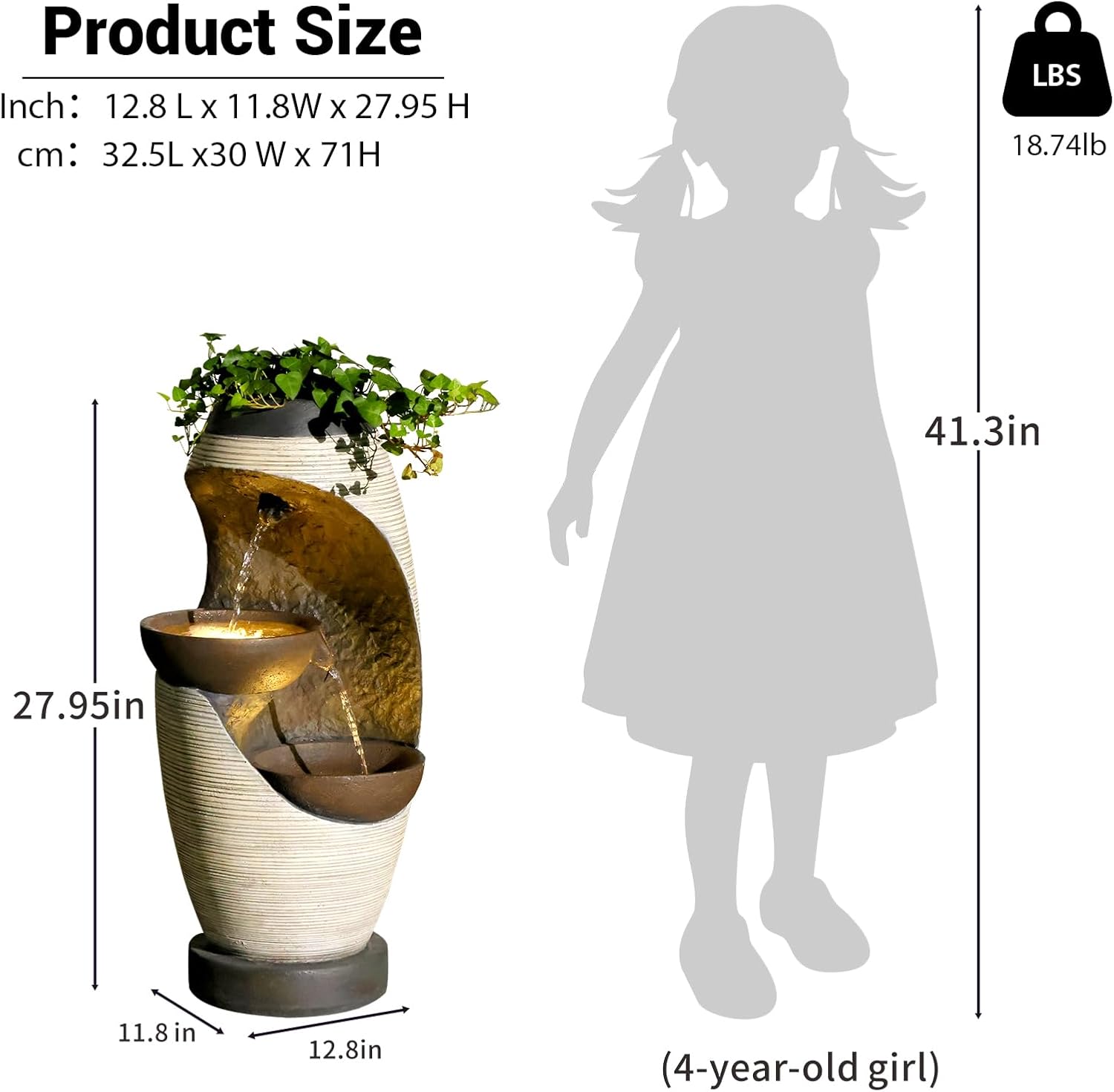 27.95''H Outdoor Garden Water Fountain, 2-Tier Bowl Shaped Floor - Standing Waterfall Fountain Indoor with LED Lights for Yard, Garden, Patio,Backyard & Home Decor