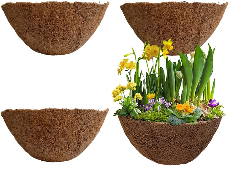 4PCS Hanging Basket Liner Coco Liner for Hanging Basket12 Inch Round Plant Basket Liners Coco Fiber Liner for Planters Coconut Coir Liner Flower Pot for Hanging Basket