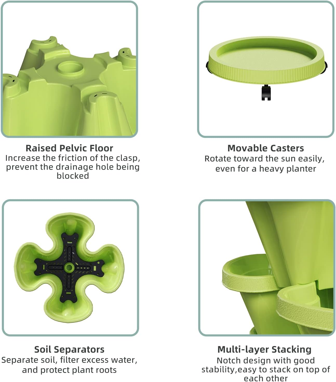 Strawberry Stacking Planters, Vertical Garden Tower, 5 Tiered Stackable Herb Vegetable Planters with Movable Casters and Bottom Saucer Indoor and Outdoor - Green