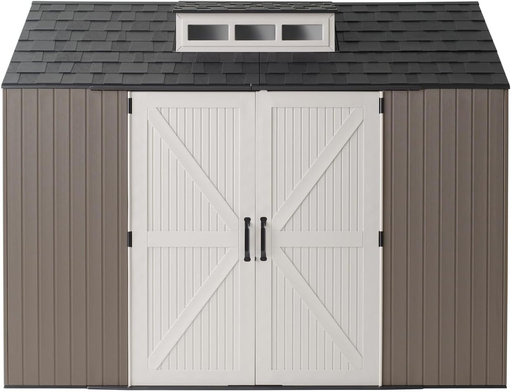Rubbermaid Extra Large Resin Outdoor Storage Shed With Floor (7 x 10.5 Ft.) Weather Resistant Brown Organization for Home/Lawn Mower/Backyard Equipment/Bike Storage/Pool Supplies