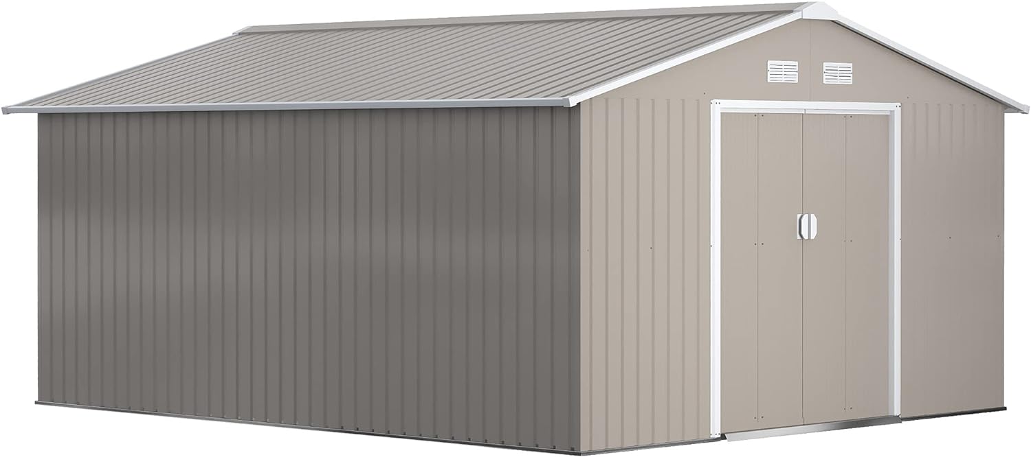 Outsunny 11' x 13' Outdoor Storage Shed, Garden Tool Metal Shed with Foundation Kit, Double Lockable Door, Air Vents and Sloping Roof, for Backyard, Patio, Lawn, Light Gray
