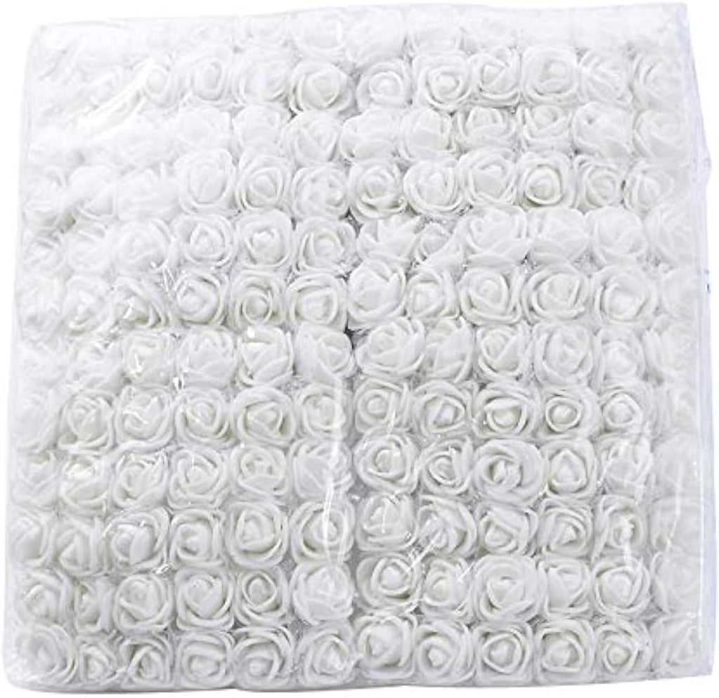 Mini Fake Rose Flower Heads 144pcs Mini Artificial Roses DIY Wedding Flowers Accessories Make Bridal Hair Clips Headbands Dress (Bottom add Gauze) White
