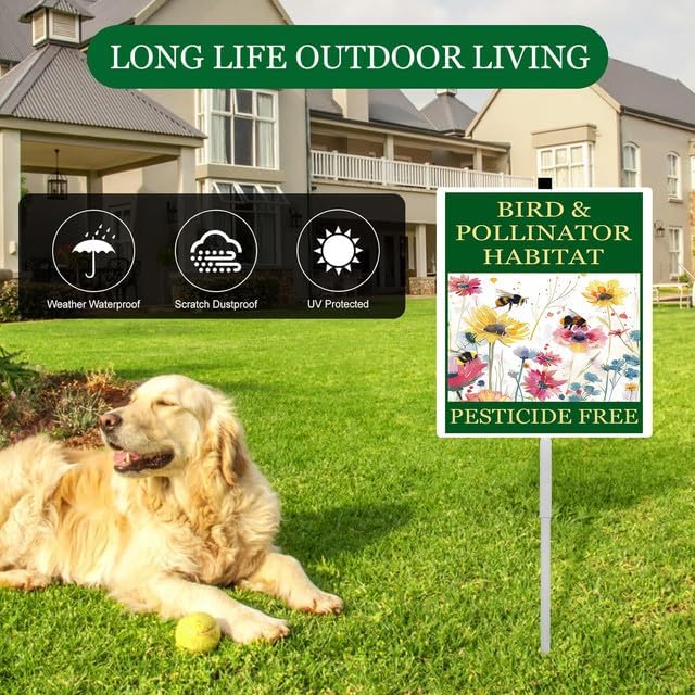 Bird and Pollinator Habitat Pesticide Free Yard Sign With Stakes 7x9.8 inches Rustproof Reflective Aluminum Pollinator Friendly Garden Sign Stand Bee Outdoor Decor
